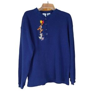 Vintage Disney Store Men's Blue Thermal Henley L/S Embroidered Winnie the Pooh L